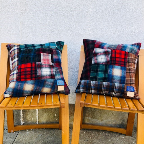 Vintage Pendleton リメイク パッチワーク ウールクッションカバー ペンドルトン 45×45 ver.1 1枚目の画像