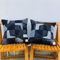 丈夫な作り ブラックデニム両面パッチワーククッションカバー 45×45cm