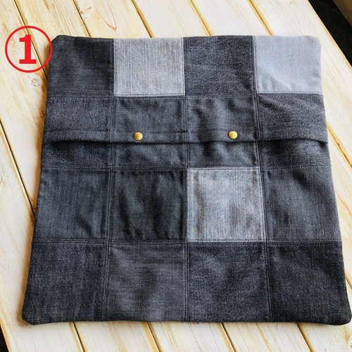丈夫な作り ブラックデニム両面パッチワーククッションカバー 45×45cm