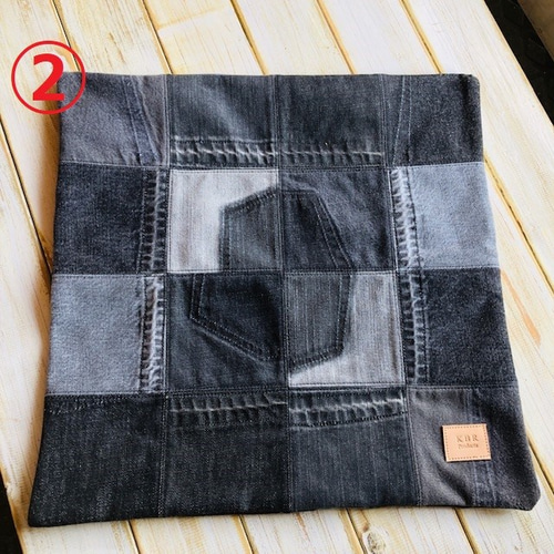 丈夫な作り ブラックデニム両面パッチワーククッションカバー 45×45cm