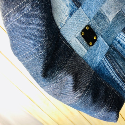デニムリメイク パッチワークショルダーバッグ レザー革 ハンドメイド 再構築 パッチワークデニム×レザーハンドル デニムバッグ トートバッグ