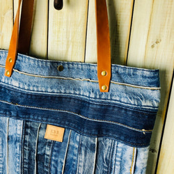 リメイクデニム　パッチワーク トートバッグ  (L)  ヴィンテージデニム ヴィンテージリネン 2枚目の画像