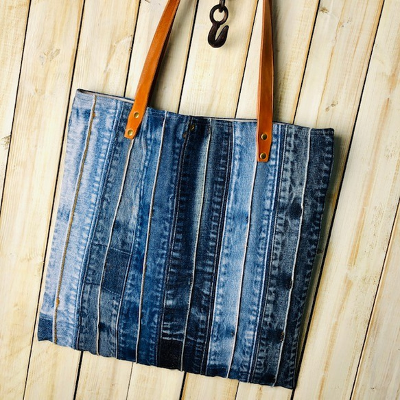 リメイクデニム　パッチワーク トートバッグ  (L)  ヴィンテージデニム ヴィンテージリネン 3枚目の画像