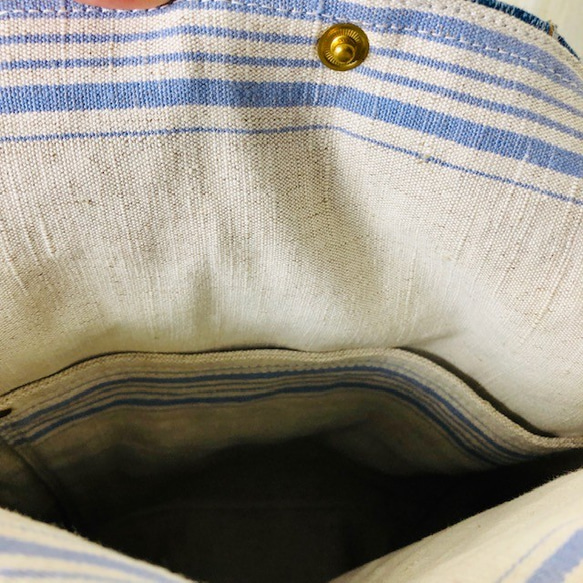 リメイクデニム　パッチワーク トートバッグ  (L)  ヴィンテージデニム ヴィンテージリネン 5枚目の画像