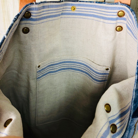 リメイクデニム　パッチワーク トートバッグ  (L)  ヴィンテージデニム ヴィンテージリネン 6枚目の画像