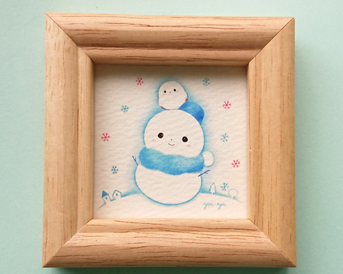 シマエナガ　雪だるまさんのお鼻選び　。シーグラスアート 複製ミニイラスト「雪だるまちゃんとシマエナガちゃん」 イラスト you
