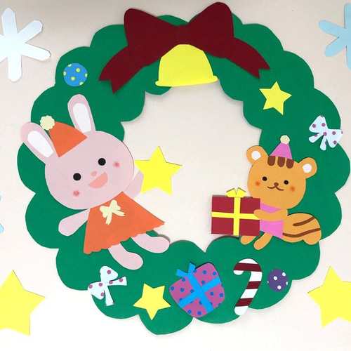うさぎとりすのクリスマスリース✳︎壁面飾り✳︎保育園、介護施設