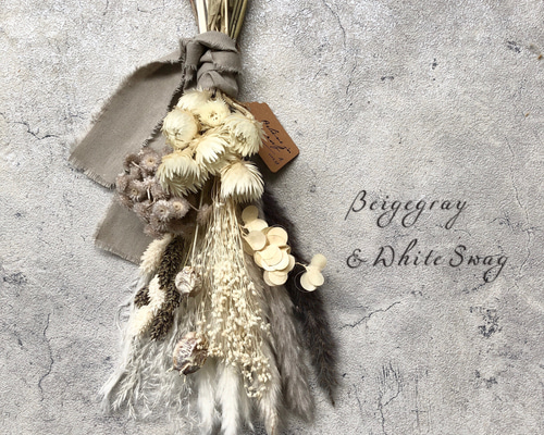 【Sold】ホワイトスワッグ 造花　リボン　レース ドライフラワーとチュールリボンの横スワッグ / プリザーブド