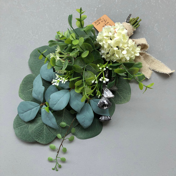 ユーカリポプルス＆キシミアのグリーンスワッグ / 造花 アーティフィシャルフラワー アナベル 5枚目の画像