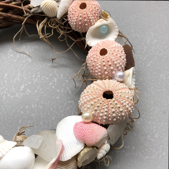 ピンクシーウーチン シェルリース B / 造花リース 貝殻 流木 ウニ殻 貝 サマー 6枚目の画像