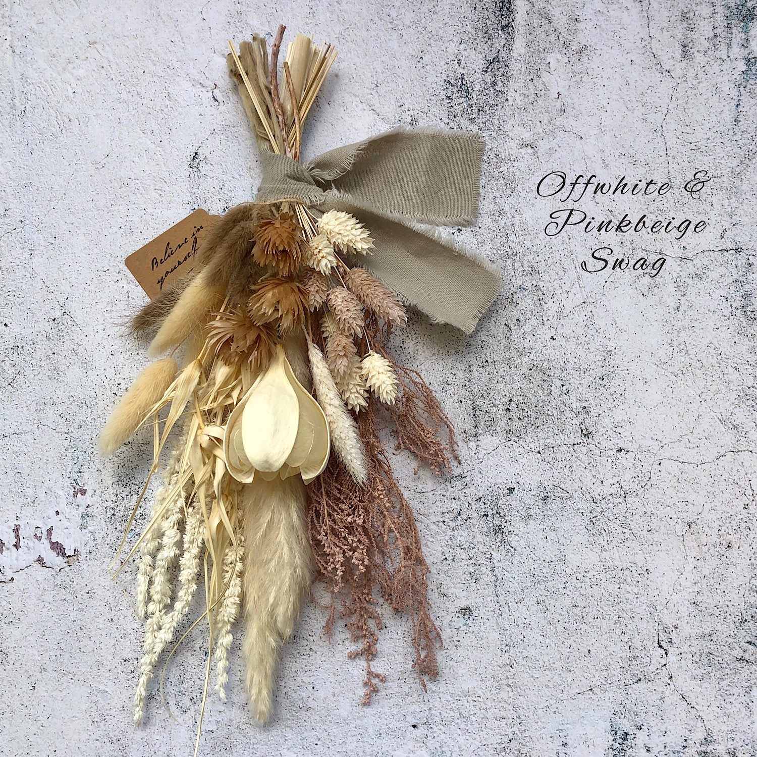 ピンクベージュ＆ホワイト＊スワッグ グレージュリボン / プリザーブド  