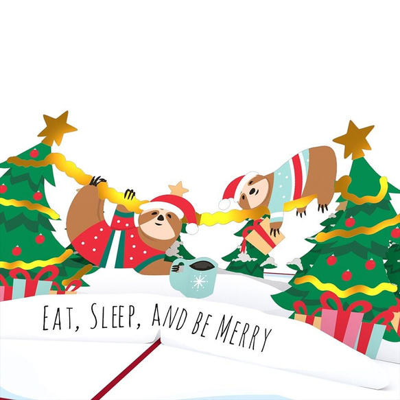 ポップアップグリーティングカード　Eat, Sleep and Be Merry Sloth Christmas 2枚目の画像