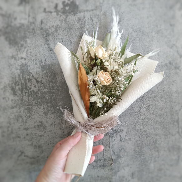 SDGz作品【遠州織物帆布】くすみカラードライフラワー×帆布ブーケ 送別会　プレゼント　花束　卒業祝　退職祝い　誕生日 4枚目の画像