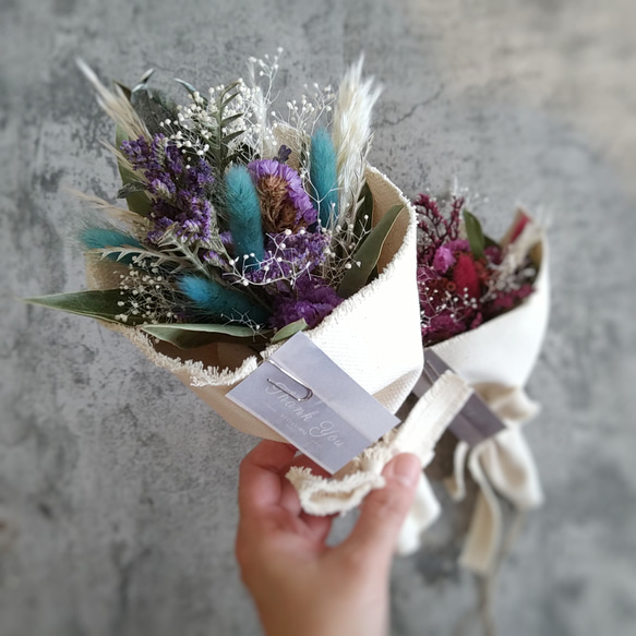 SDGz作品【遠州織物帆布】くすみカラードライフラワー×帆布ブーケ 送別会　プレゼント　花束　卒業祝　退職祝い　誕生日 6枚目の画像