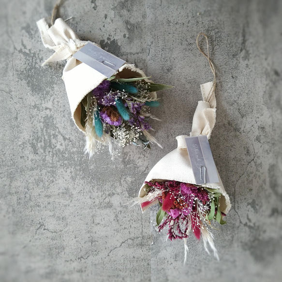 SDGz作品【遠州織物帆布】くすみカラードライフラワー×帆布ブーケ 送別会　プレゼント　花束　卒業祝　退職祝い　誕生日 7枚目の画像