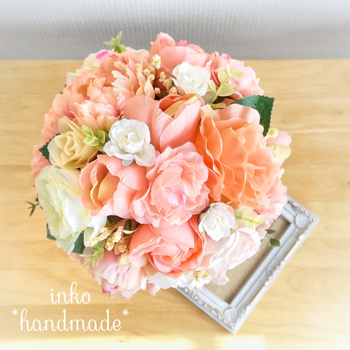 コーラルピンク♡オレンジ♡ウェディングブーケ・ブートニア コーラルピンク♡オレンジ♡ウェディングブーケ・ブートニア