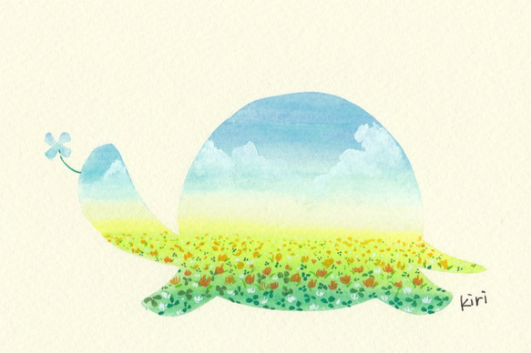亀＊晴れた日のお花畑：手描きイラスト：葉書サイズ 1枚目の画像