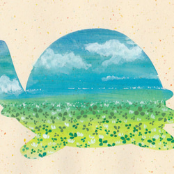 亀＊海岸近くのクローバー畑：手描きイラスト：葉書サイズ 1枚目の画像