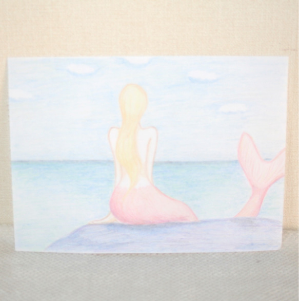 【人魚と海】オリジナル　イラスト　アート　絵　カラー　色鉛筆　原画　穏やか　優しい　ふんわり　リラックス　送料無料有り 1枚目の画像