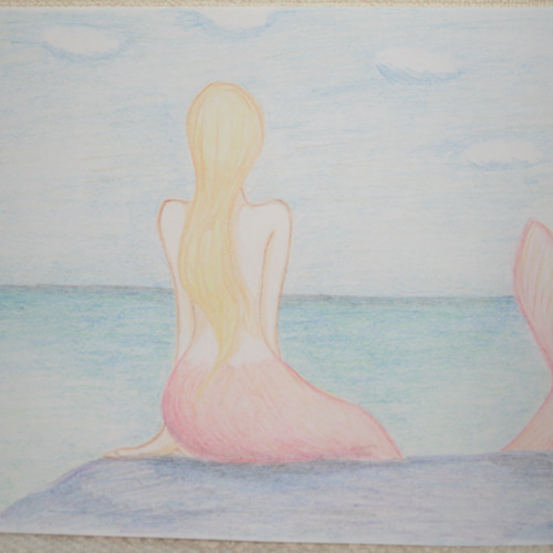 人魚サラリーマン 油絵 原画 手描き オリジナル 一点物 人魚と海】オリジナル イラスト アート 絵 カラー 色鉛筆 原画 穏やか