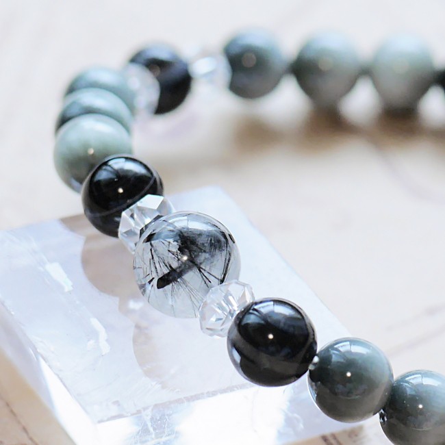 ブラックトルマリンインクォーツ・イーグルアイ・黒天眼石＊ブレスレットA_28