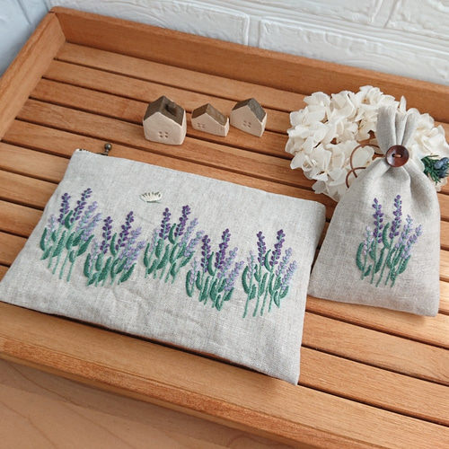 creema限定『春の福袋2021』ラベンダー刺繍のポーチとラベンダーサシェ