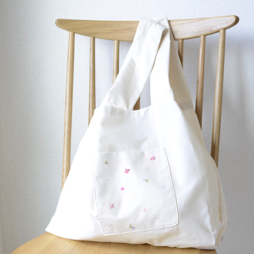 受注制作】刺繍のエコバッグ 外ポケット付き エコバッグ・サブ