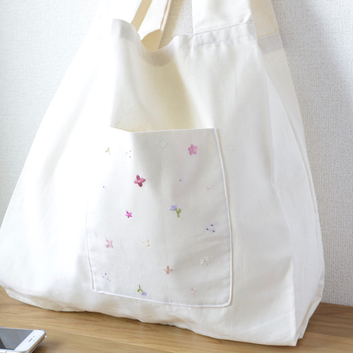 受注制作】刺繍のエコバッグ 外ポケット付き エコバッグ・サブ 受注制作】刺繍のエコバッグ 外ポケット付き エコバッグ・サブ