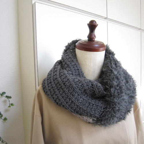 編み図】模様編みとファーのスヌード「霜柱」 編み図・パターン mimosa