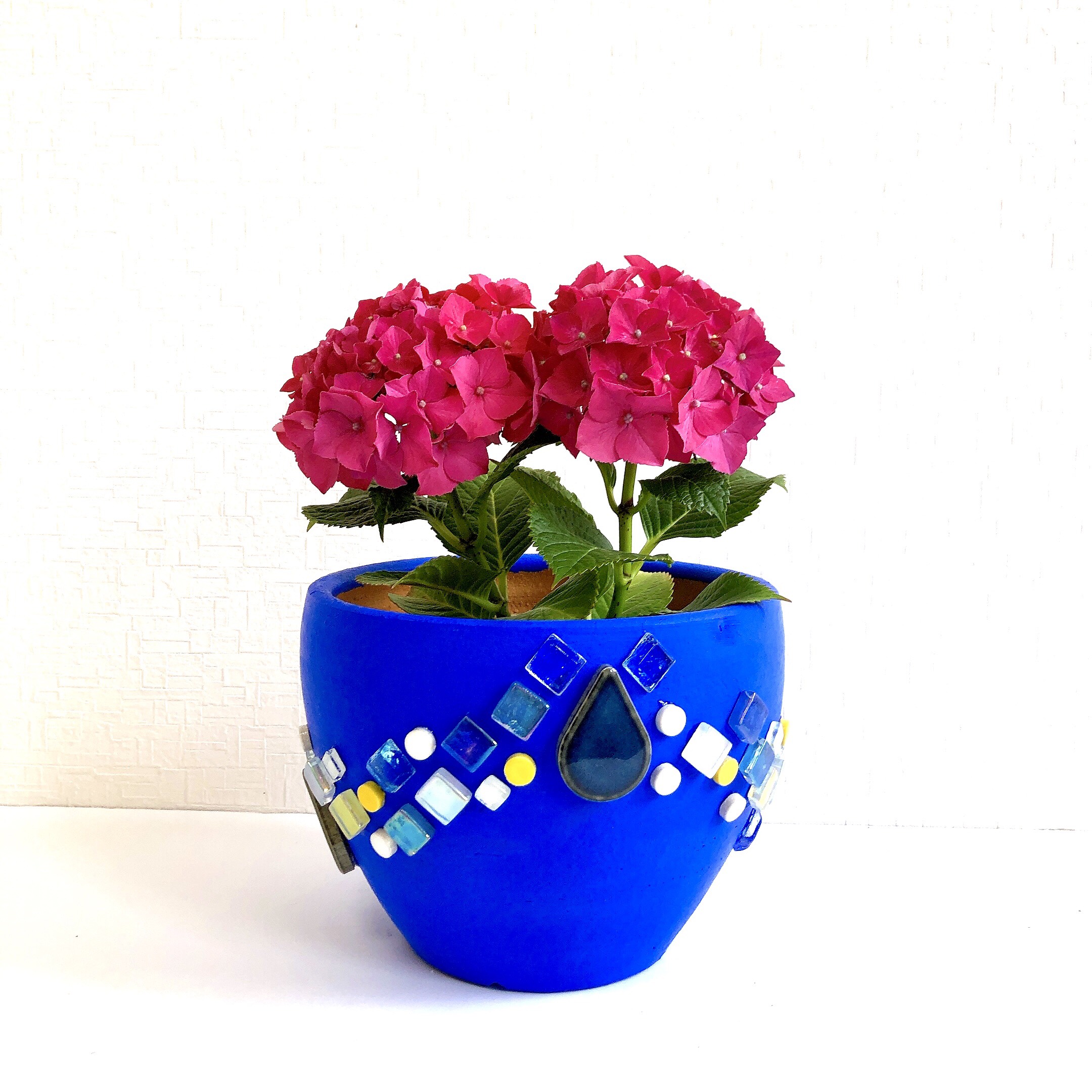 コバルトブルーの大きな植木鉢　鮮やかなブルー　大きな　大きい　7号　あじさい　おしゃれ　植木鉢　プランター　雫