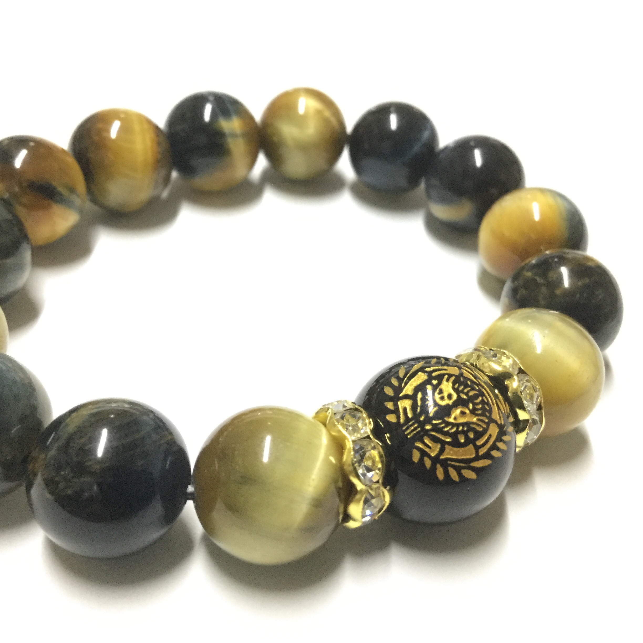 一点物☆ 歴史 戦国武将 家紋 天然石ブレスレット 《伊達政宗》タイガーアイ＆イーグルアイ