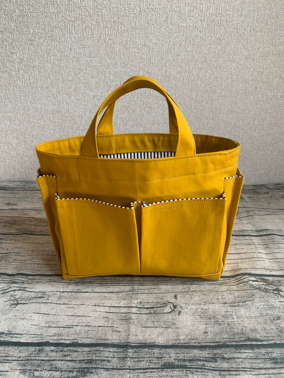 イエローブラウン帆布 ポケットいっぱいトート トートバッグ