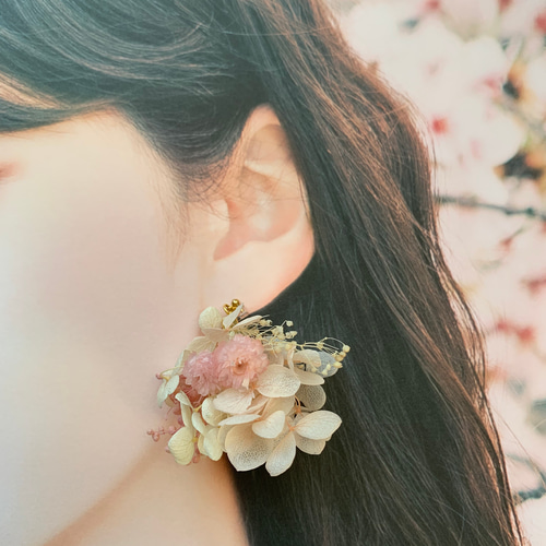 桜 ベビーピンク×ホワイト×紫陽花(S)】ドライフラワー ピアス 