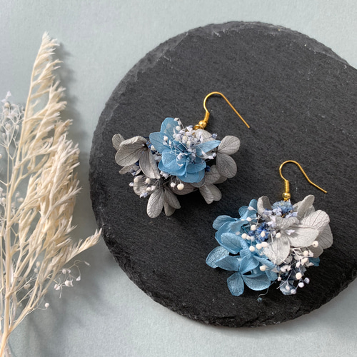 ブルー×グレー×あじさい(S)】 ドライフラワー ピアス・イヤリング
