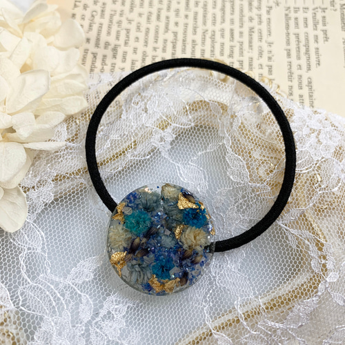 ドライフラワー かすみ草 レジン 髪ゴム ヘアゴム ゴールド ヘア 