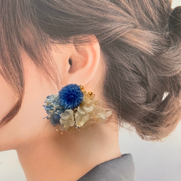 ドライフラワーピアス・イヤリング 千日紅×紫陽花×かすみそう 