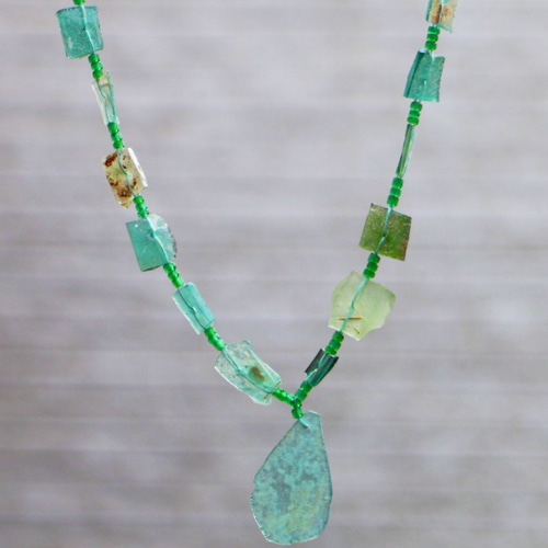 古代ローマン銀化ガラス アンティークビーズ 1連 ビーズ穴あり