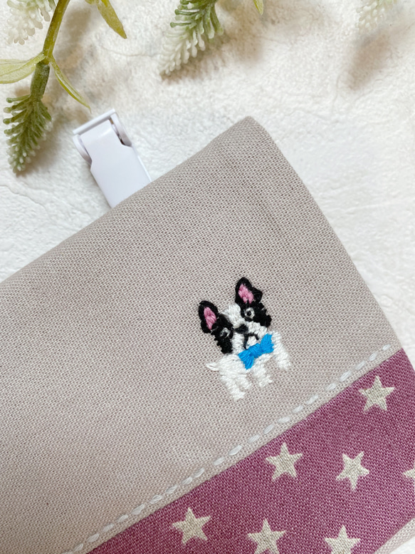 マスクフック付き移動ポケット.2ポケット.ティッシュケース.動物刺繍.フレンチブルドッグ.犬 5枚目の画像