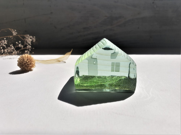 ガラスの家　置物　インテリア　プラチナ　グリーン 2枚目の画像