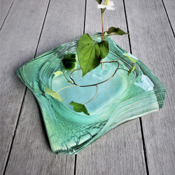 ガラス水盤　花器　積層緑 4枚目の画像