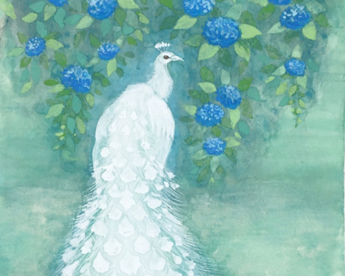 孔雀と花　掛軸　水彩画　日本画 孔雀と花 掛軸 水彩画 日本画 孔雀と花 掛軸 水彩画 日本画