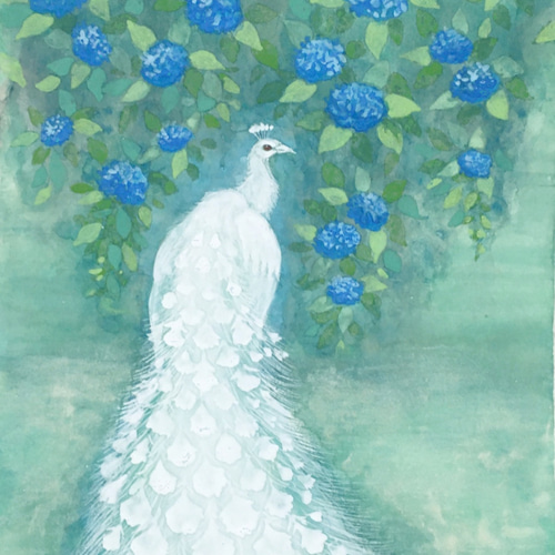 日本画 あじさいと白孔雀 原画 絵画 紫苑工房 通販 10241497