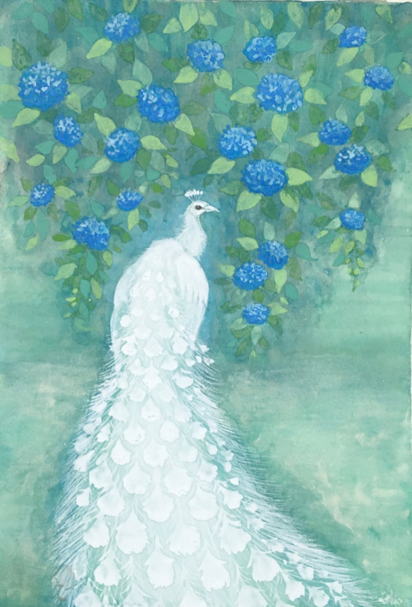 日本画 あじさいと白孔雀 原画 絵画 紫苑工房 -Atelier Shion- 通販