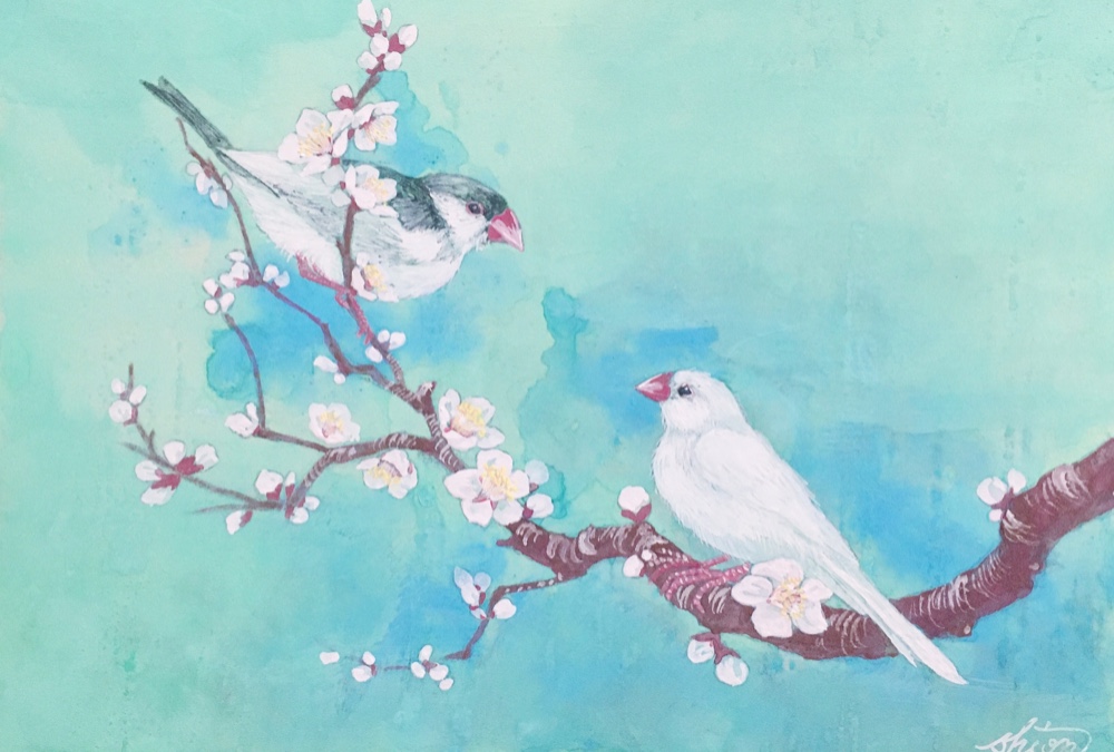 水彩画「牛尾神社と梅」スケッチ　うめ　梅の花　絵画　アート
