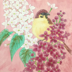 日本画　スズメとライラック　鳥絵画 3枚目の画像