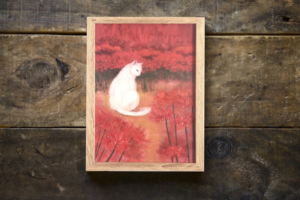 「フラワーガーデン 白猫とシャム猫」 アクリル画 SM キャンバス 原画 額なし フラワーガーデン 白猫とシャム猫」 アクリル画 SM キャンバス