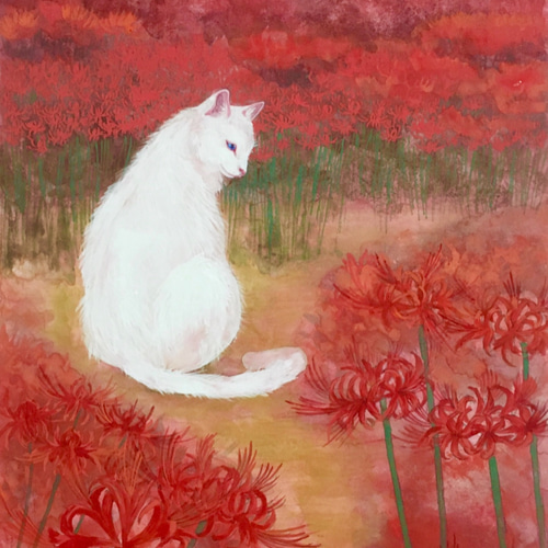日本画 白猫と彼岸花 原画 絵画 紫苑工房 -Atelier Shion- 通販