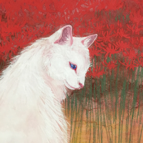 絵画。原画【ラベンダーの花の海に白い猫と星の願い】 絵画。原画【ラベンダーの花の海に白い猫と星の願い】