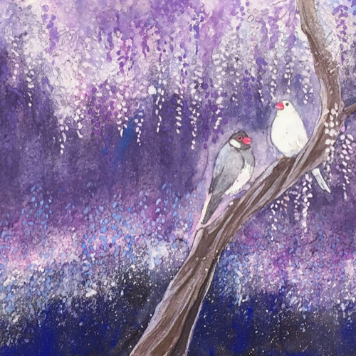 日本画 藤と文鳥 A4 複製画 絵画 紫苑工房 通販 11451593