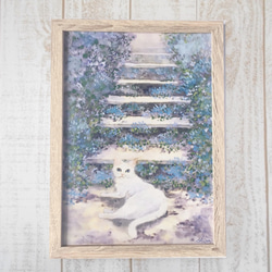 日本画　白猫風景　A4 複製画 1枚目の画像